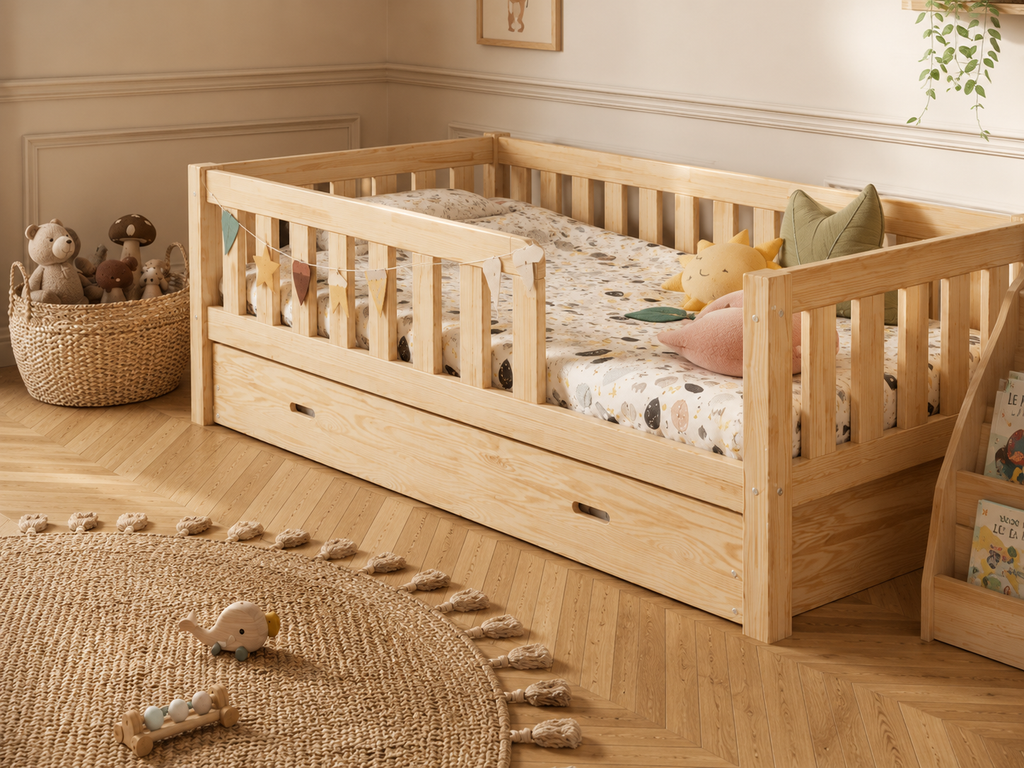 Lit simple 80x160 en bois avec barrières de protection enveloppantes – Lit Cocon