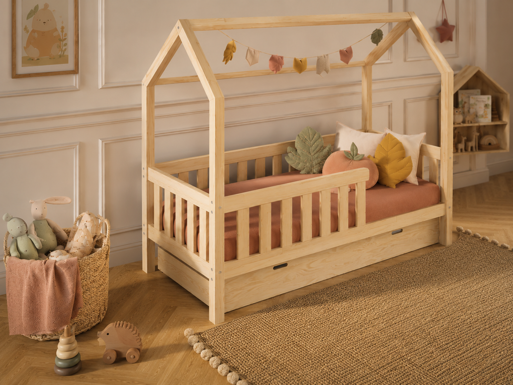 Lit double cabane 120x200 en bois avec barrières protectrices et toit façon maisonnette – Lit Rêverie