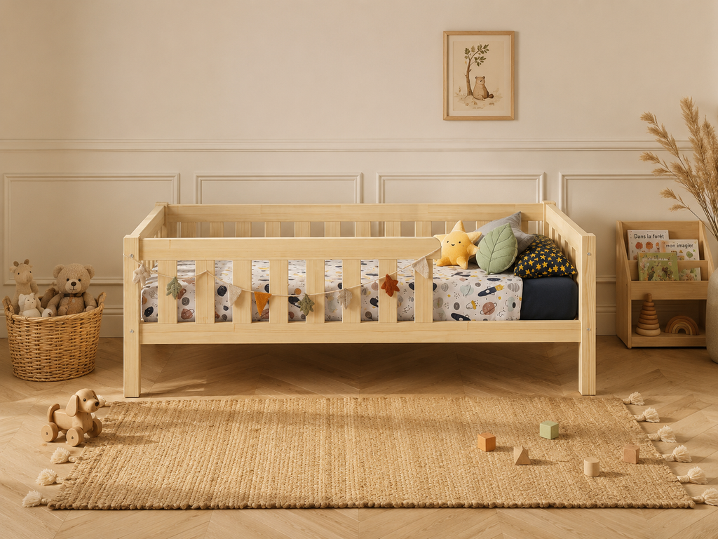 Lit enfant en bois avec barrières protectrices et tiroir 90x190 – Lit Berceuse