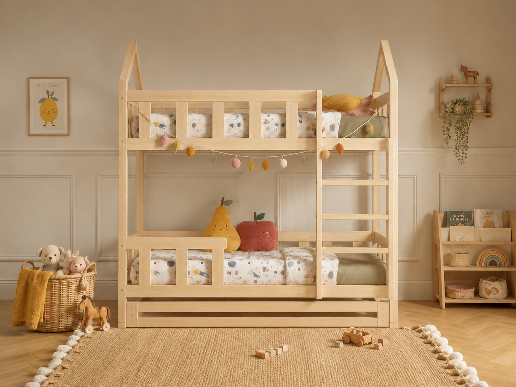 Lit superposé cabane 80x160 en bois avec barrières de sécurité et échelle – Lit Lucioles