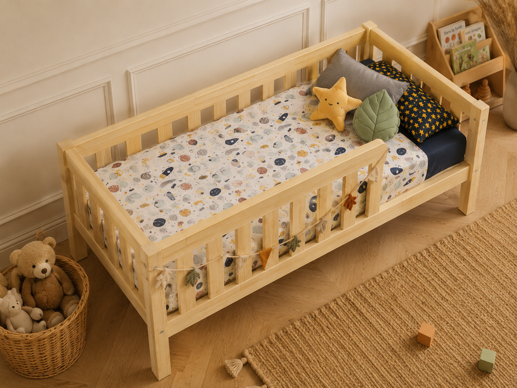 Lit enfant en bois avec barrières protectrices et tiroir 90x190 – Lit Berceuse