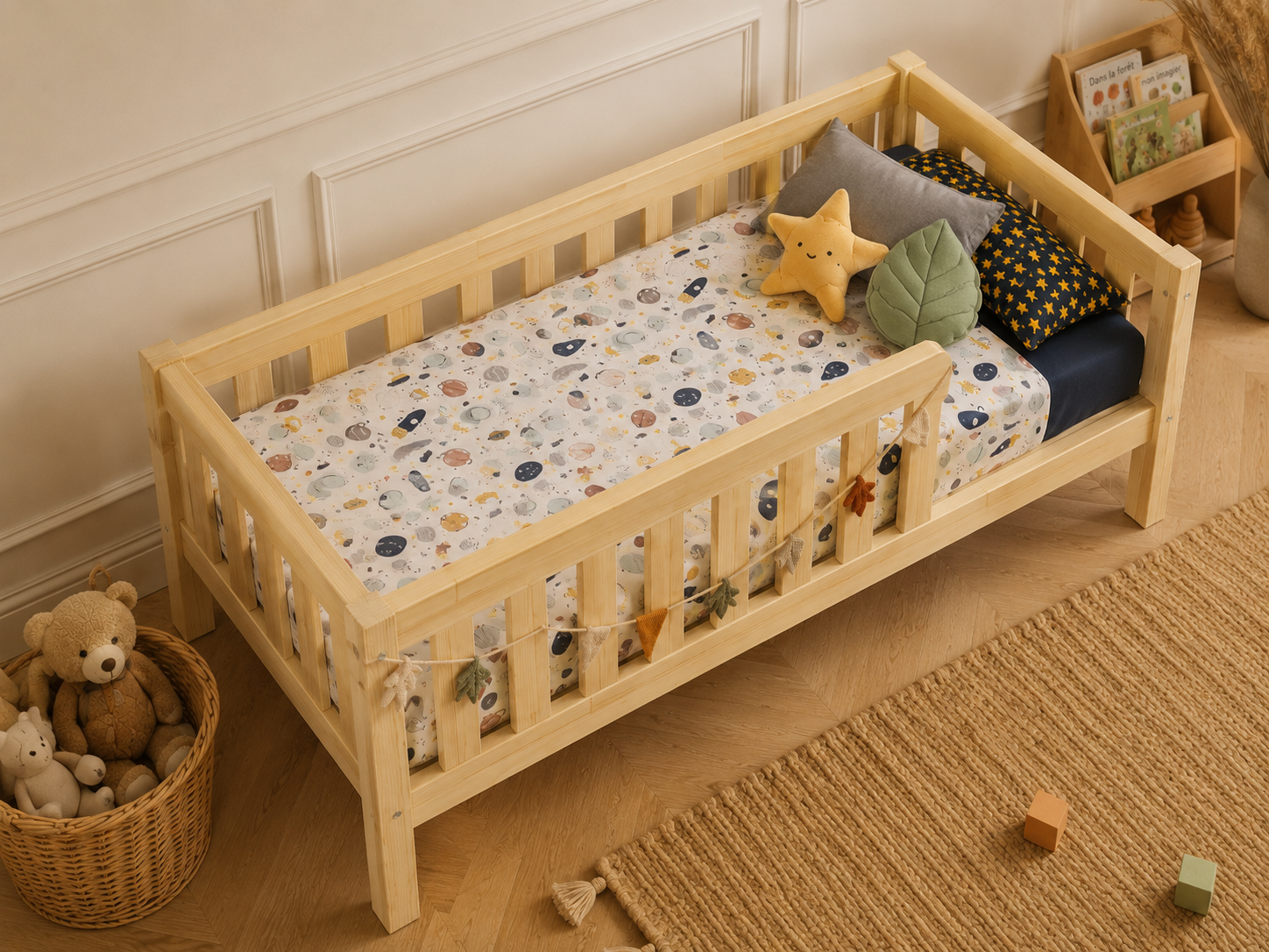 Lit enfant en bois avec barrières protectrices et tiroir 90x190 – Lit Berceuse