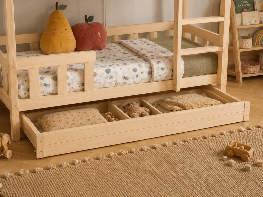 Lit superposé en bois avec toits cabane et barrières 90x190 – Lit Tendresse