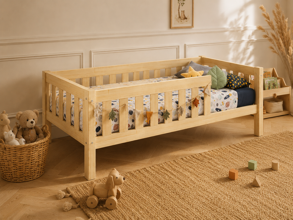Lit simple 80x160 en bois avec barrières de protection enveloppantes – Lit Cocon