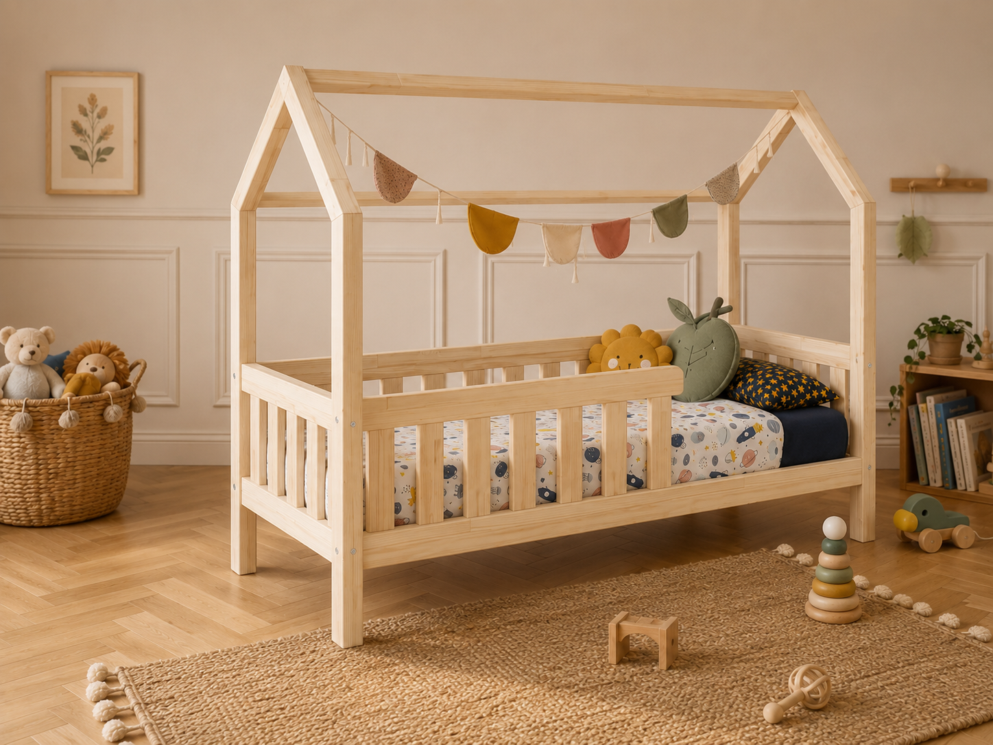 Lit double enfant en bois façon cabane avec barrières et tiroir 140x200 – Lit Doudou