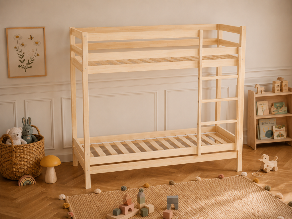 Lit superposé en bois naturel avec échelle droite 90x190 – Lit Nuage