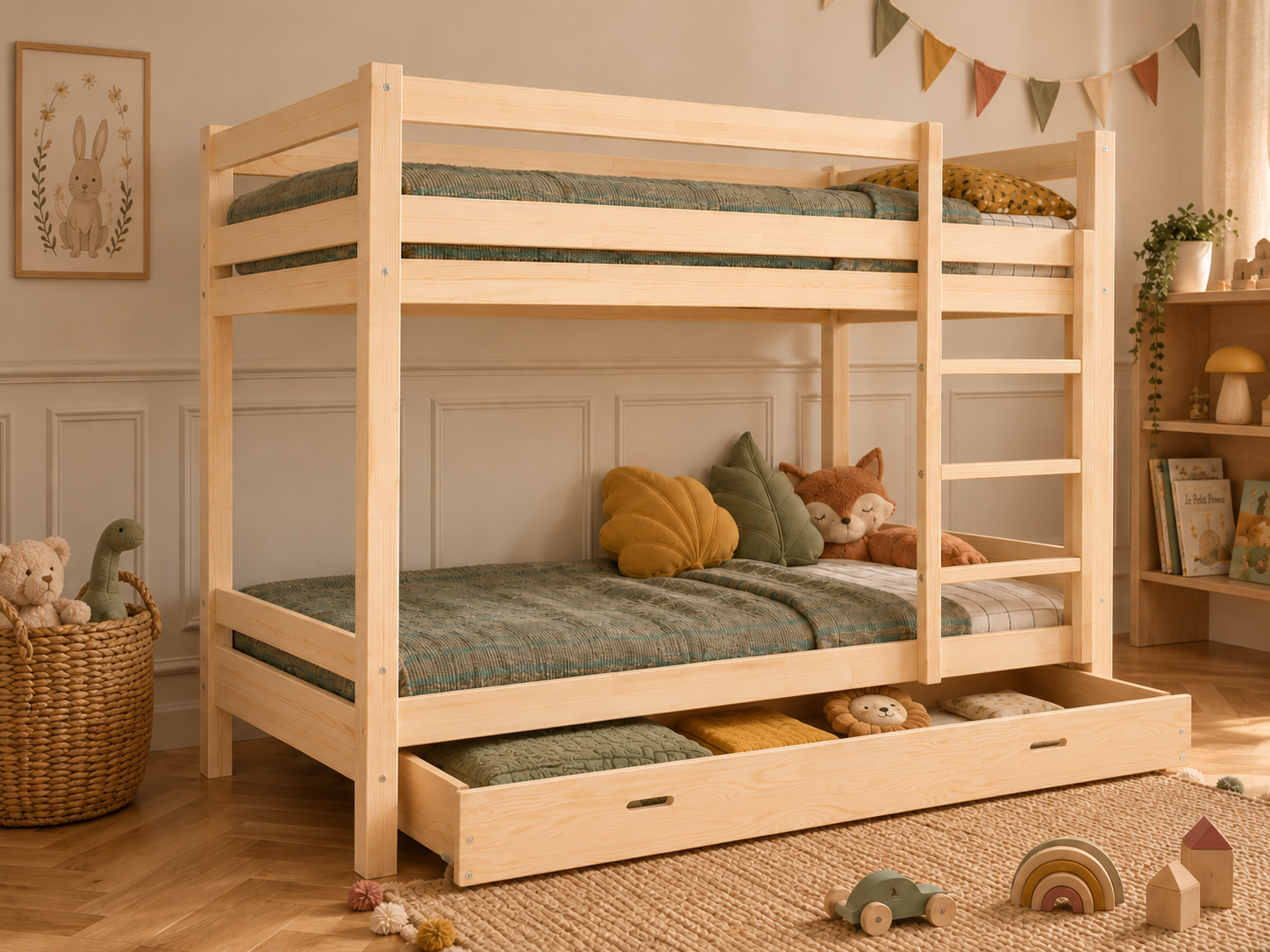 Lit superposé en bois naturel avec échelle droite 90x190 – Lit Nuage