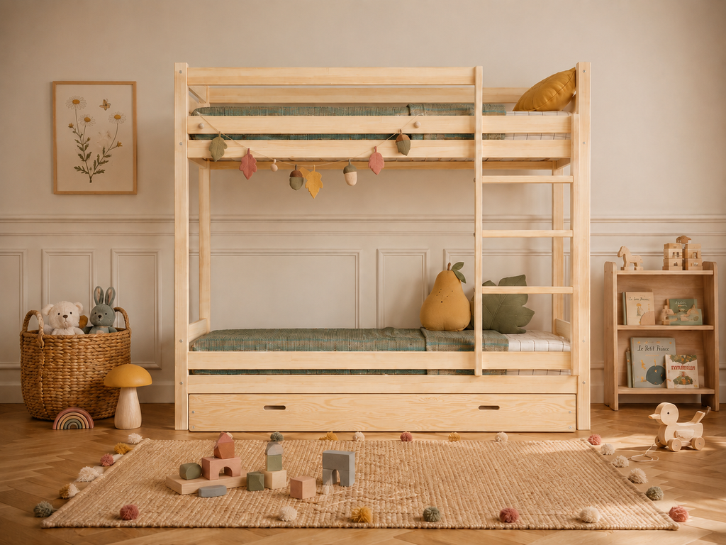 Lit superposé en bois naturel avec échelle droite 90x190 – Lit Nuage