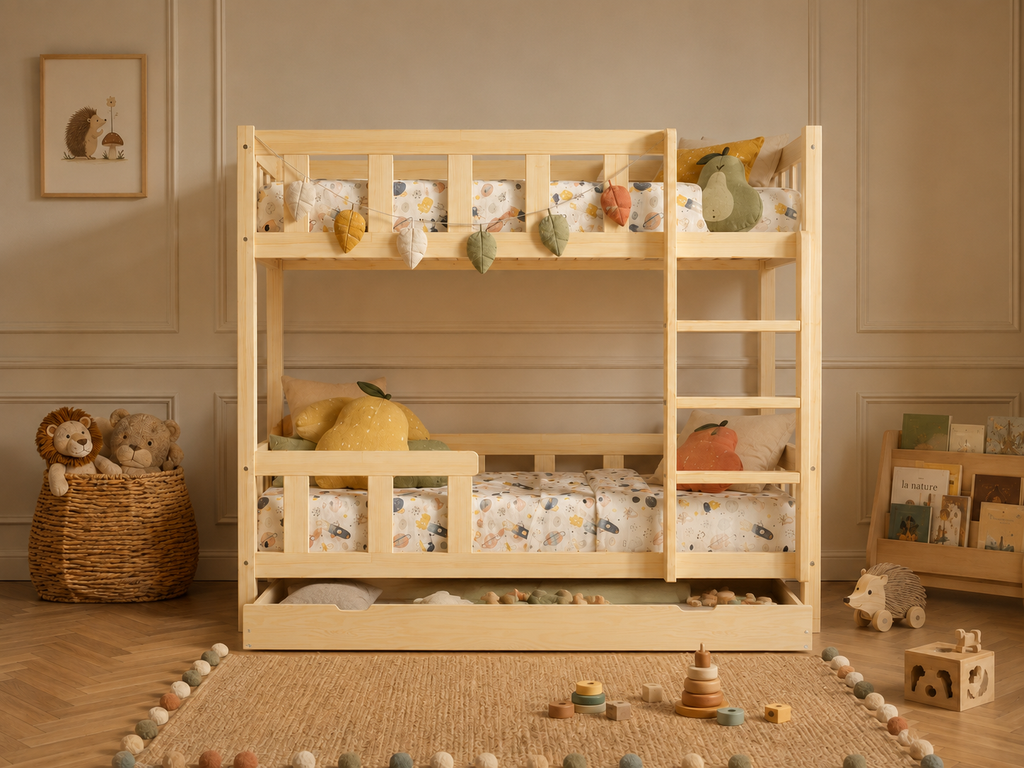 Lit superposé 80x160 en bois avec échelle et barrières de sécurité – Lit Boréal
