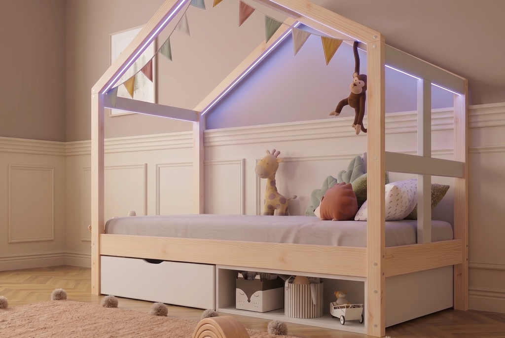Lit cabane Montessori 90×200 avec tiroirs & LED – Cabane Aurore