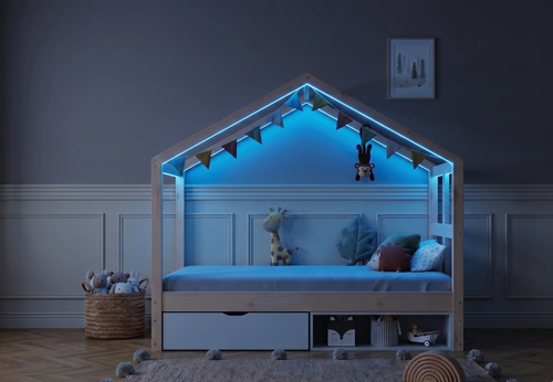 Lit cabane Montessori 90×200 avec tiroirs & LED – Cabane Aurore
