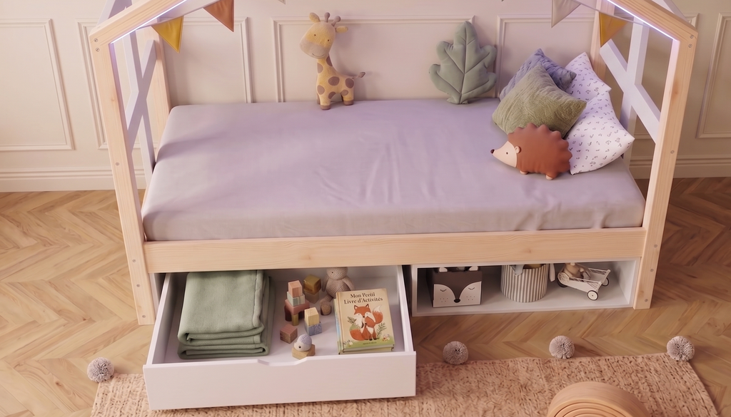Lit cabane Montessori 90×200 avec tiroirs & LED – Cabane Aurore