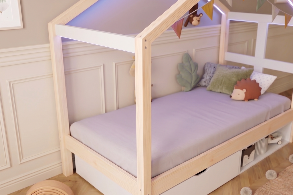 Lit cabane Montessori 90×200 avec tiroirs & LED – Cabane Aurore