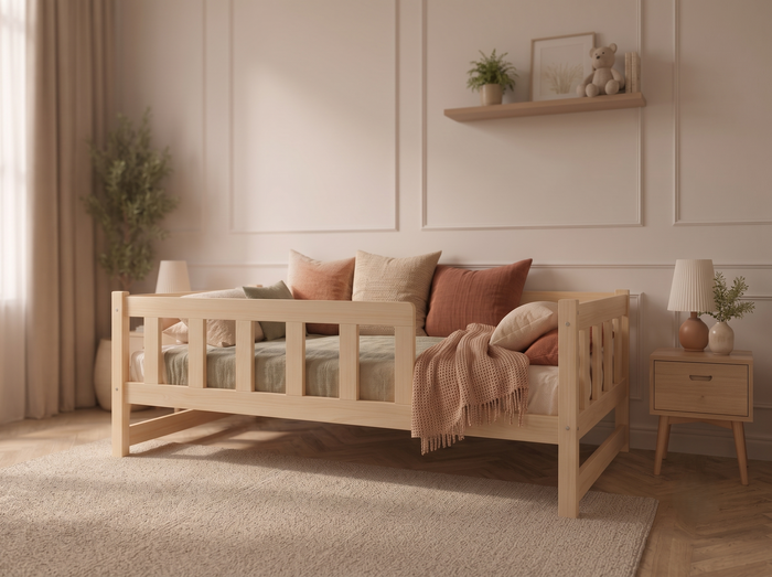 Lit double 120x200 en bois avec élégantes petites barrières protectrices – Lit Cocon