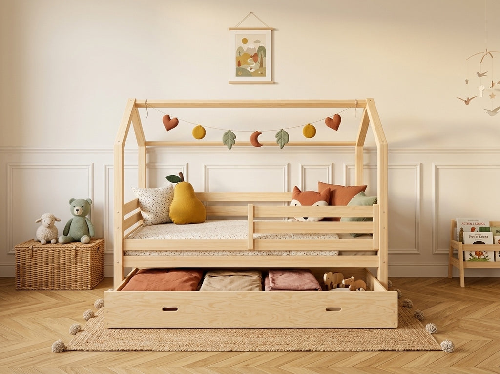 Lit cabane en bois en forme de maison avec tiroir 90x190 – Lit Lucioles