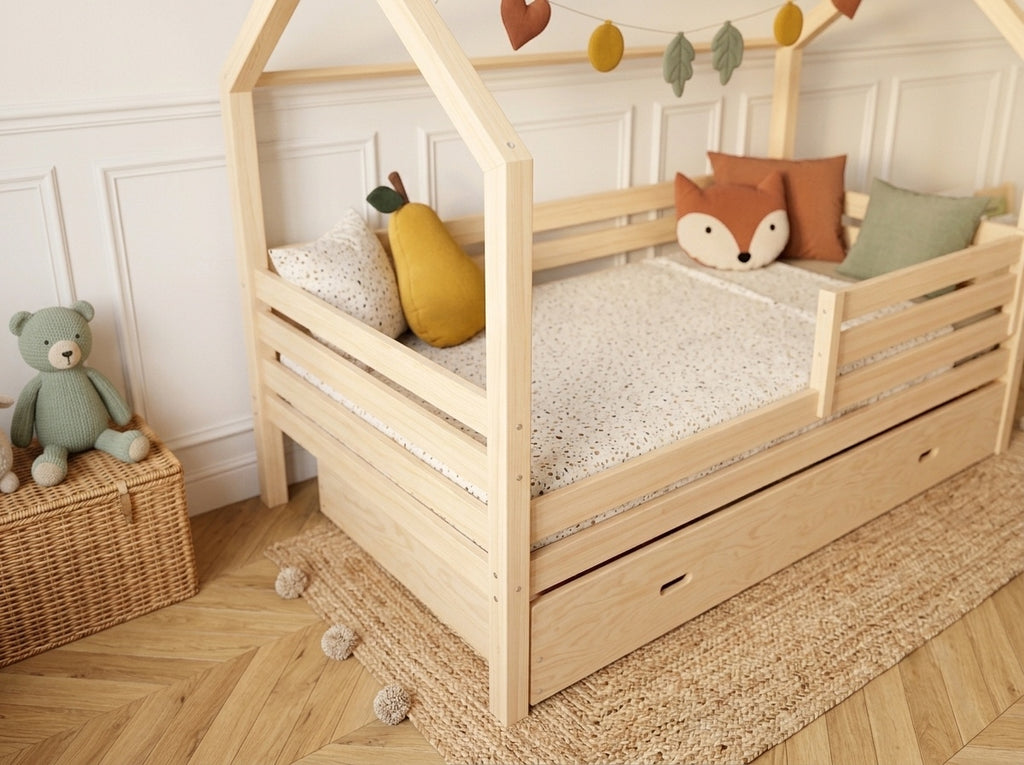 Lit cabane en bois avec toit forme maison 80x160 – Lit Câlin