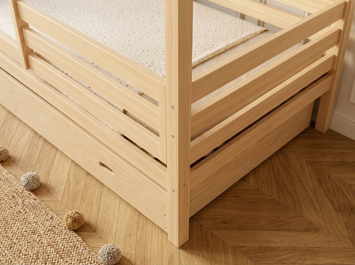Lit cabane en bois en forme de maison avec tiroir 90x190 – Lit Lucioles