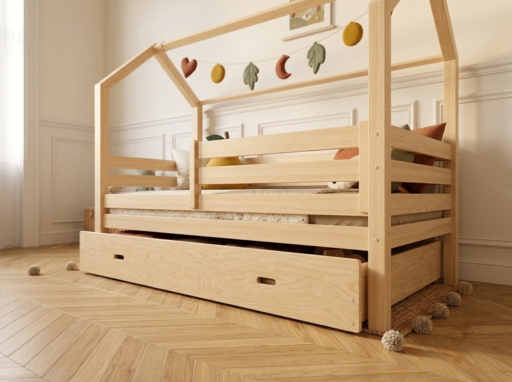 Lit cabane en bois en forme de maison avec tiroir 90x190 – Lit Lucioles