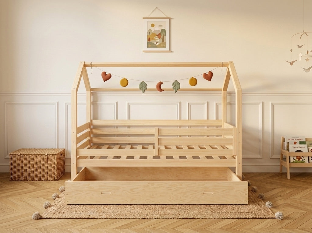 Lit cabane en bois avec toit forme maison 80x160 – Lit Câlin