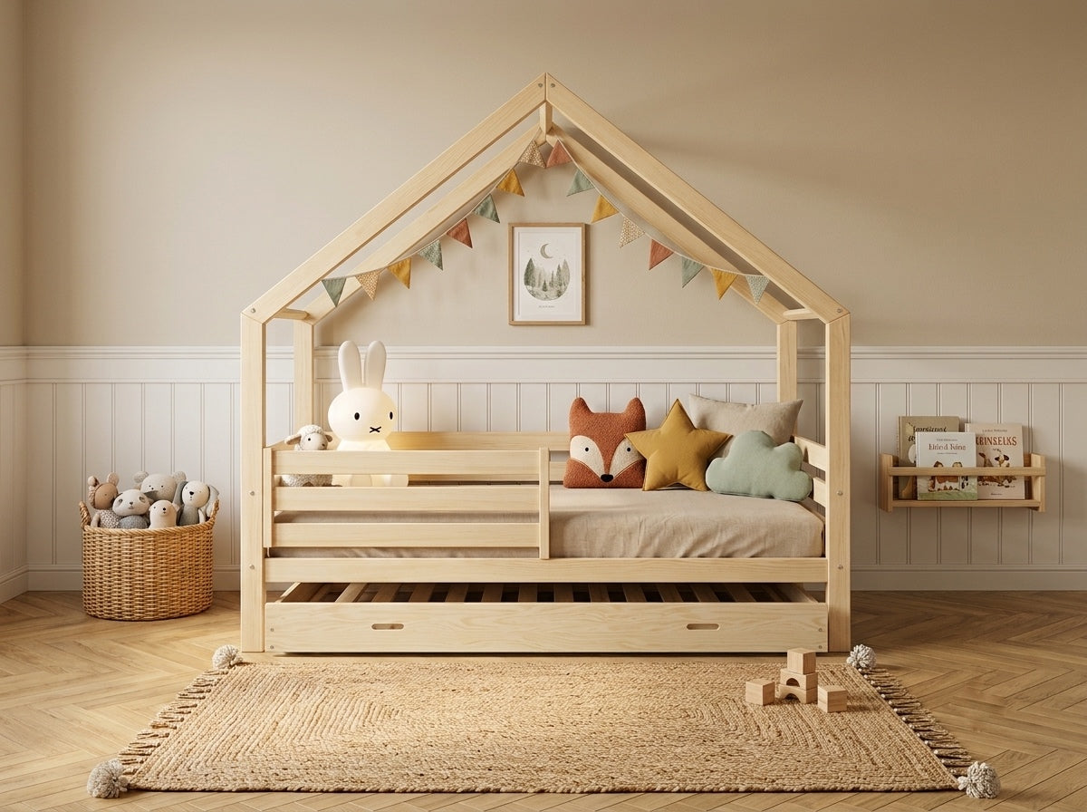 Lit cabane en bois en forme de maison avec tiroir 80x160 – Lit Nuage