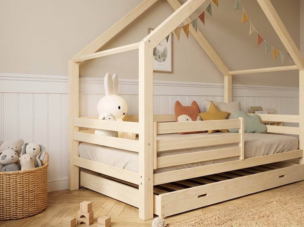 Lit cabane en bois en forme de maison avec tiroir 80x160 – Lit Nuage