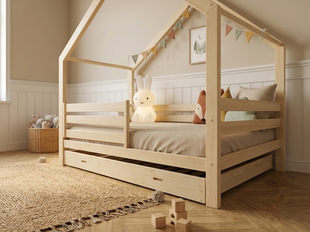 Lit cabane en bois en forme de maison avec tiroir 80x160 – Lit Nuage