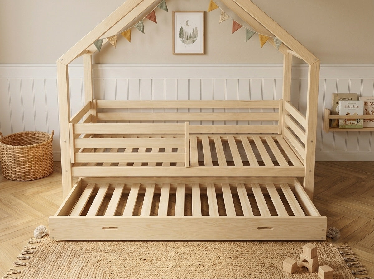 Lit cabane en bois en forme de maison avec tiroir 80x160 – Lit Nuage
