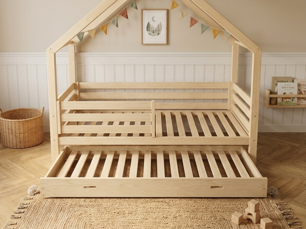 Lit cabane en bois en forme de maison avec tiroir 90x190 – Lit Étoilé