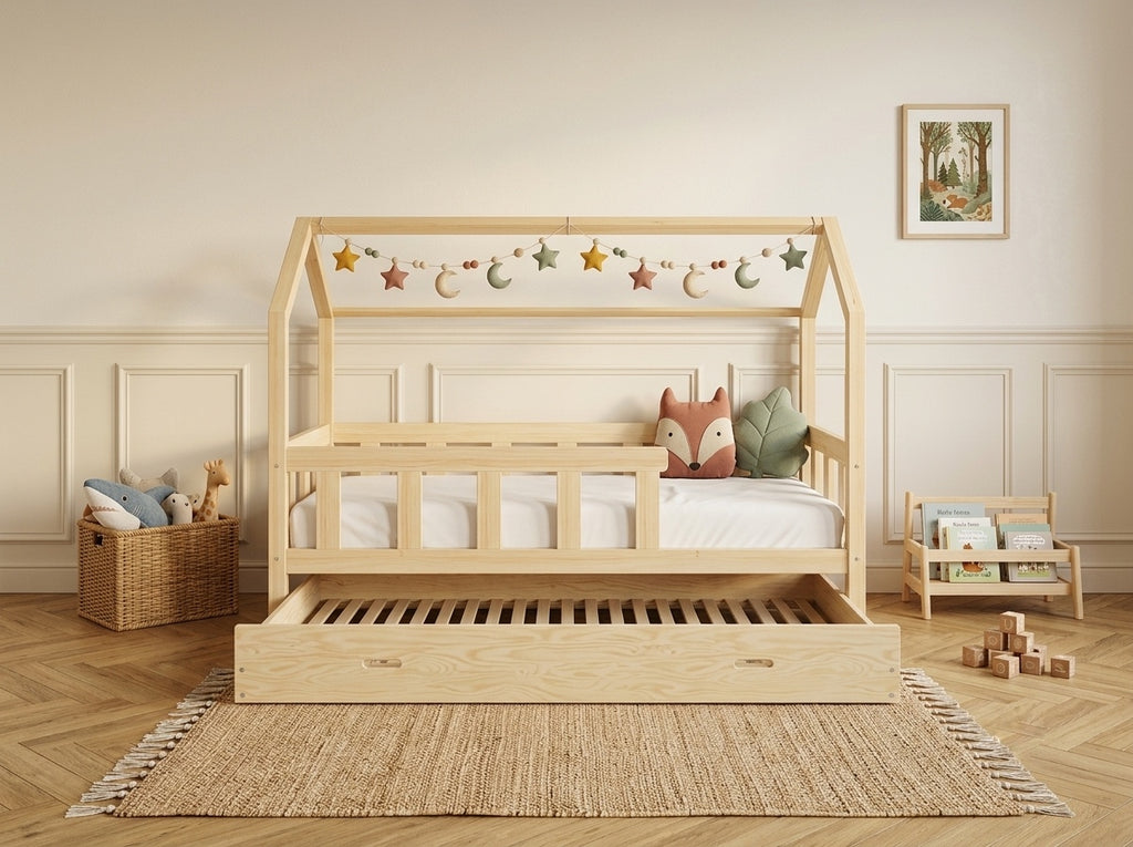 Lit cabane en bois en forme de maison avec tiroir 80x160 – Lit Câlin