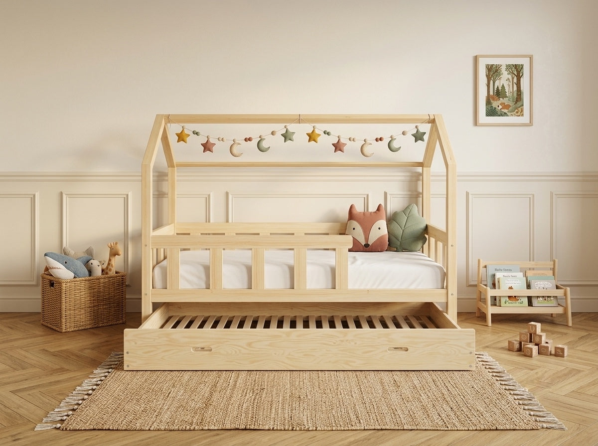 Lit cabane en bois en forme de maison avec tiroir 90x190 – Lit Nuage