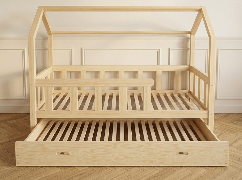 Lit cabane en bois en forme de maison avec tiroir 90x190 – Lit Nuage