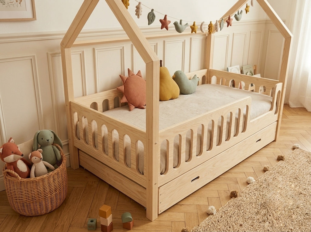 Lit cabane en bois en forme de maison avec tiroir 80x160 – Lit Étoilé