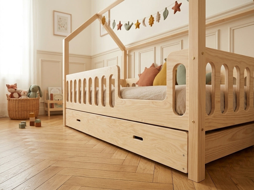 Lit cabane en bois en forme de maison avec tiroir 80x160 – Lit Étoilé