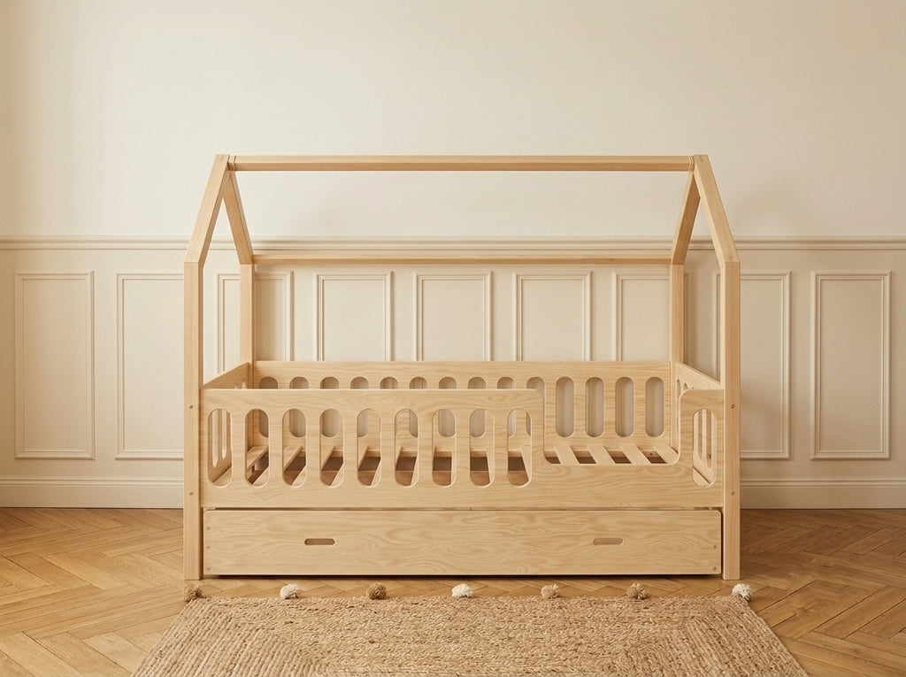 Lit cabane en bois en forme de maison avec tiroir 90x190 – Lit Tendresse