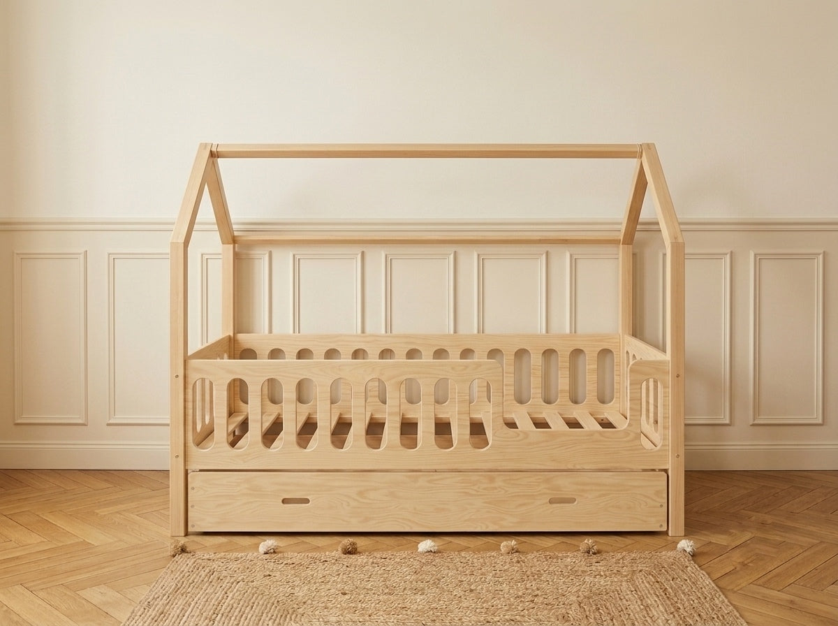 Lit cabane en bois en forme de maison avec tiroir 90x190 – Lit Tendresse