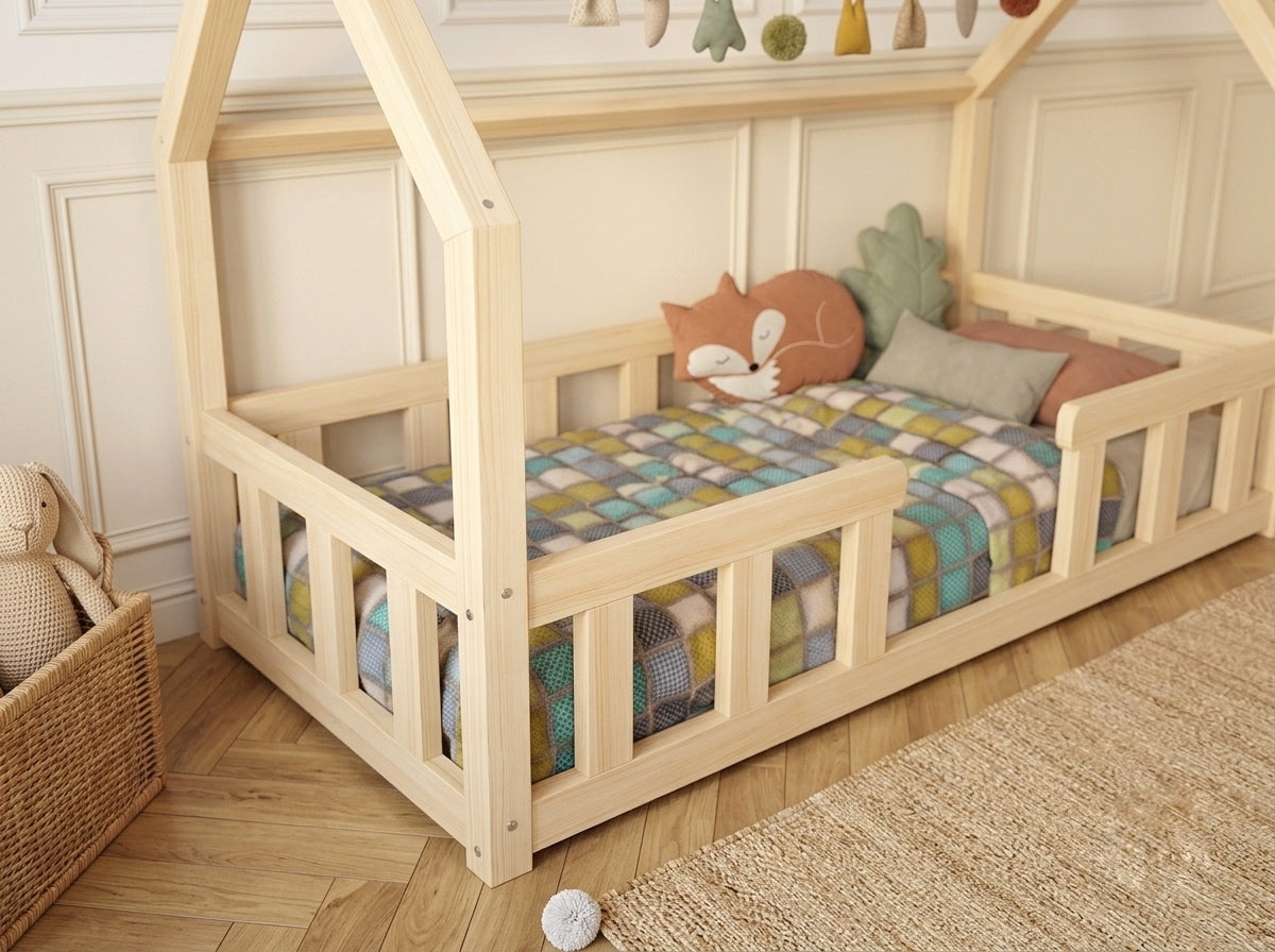 Lit cabane en bois façon maisonnette ras du sol 90x190 – Lit Berceuse