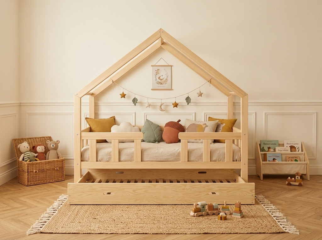 Lit cabane en bois en forme de maison avec tiroir 80x160 – Lit Lucioles