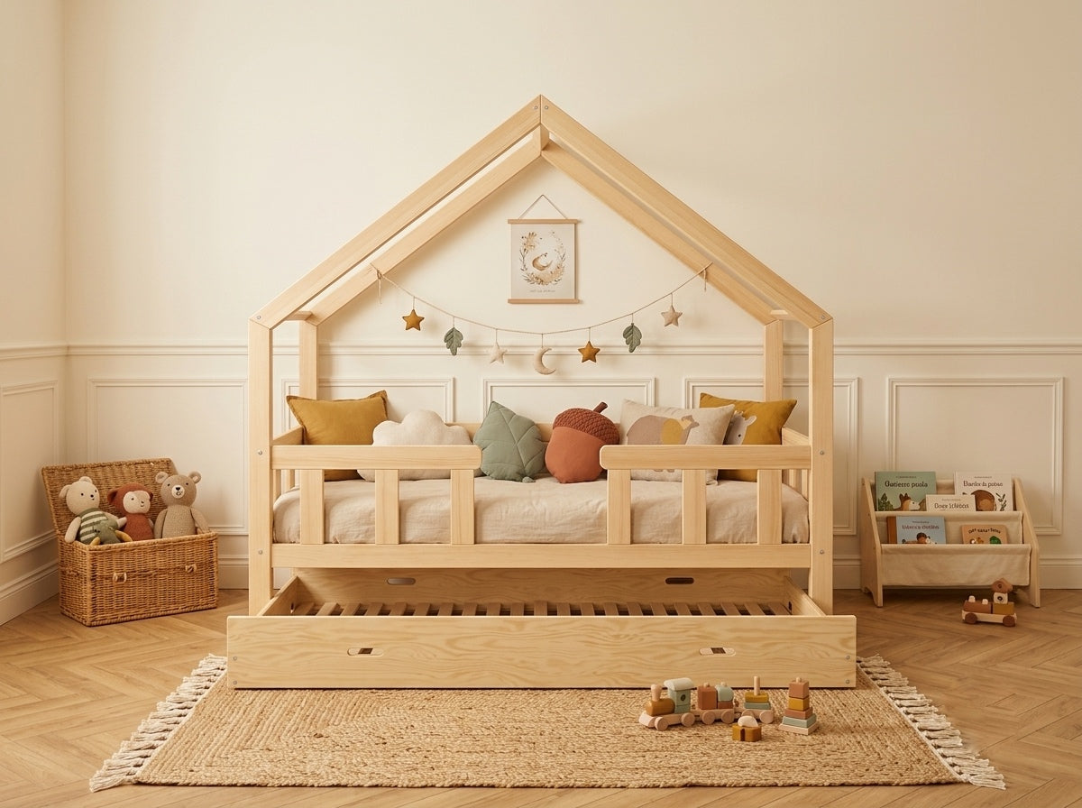 Lit cabane en bois en forme de maison avec tiroir 80x160 – Lit Lucioles