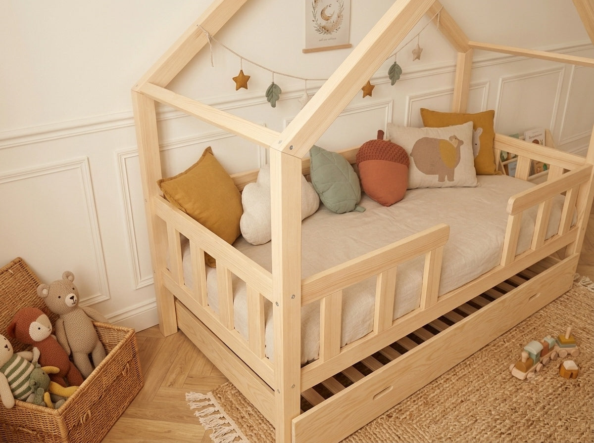 Lit cabane en bois en forme de maison avec tiroir 80x160 – Lit Lucioles