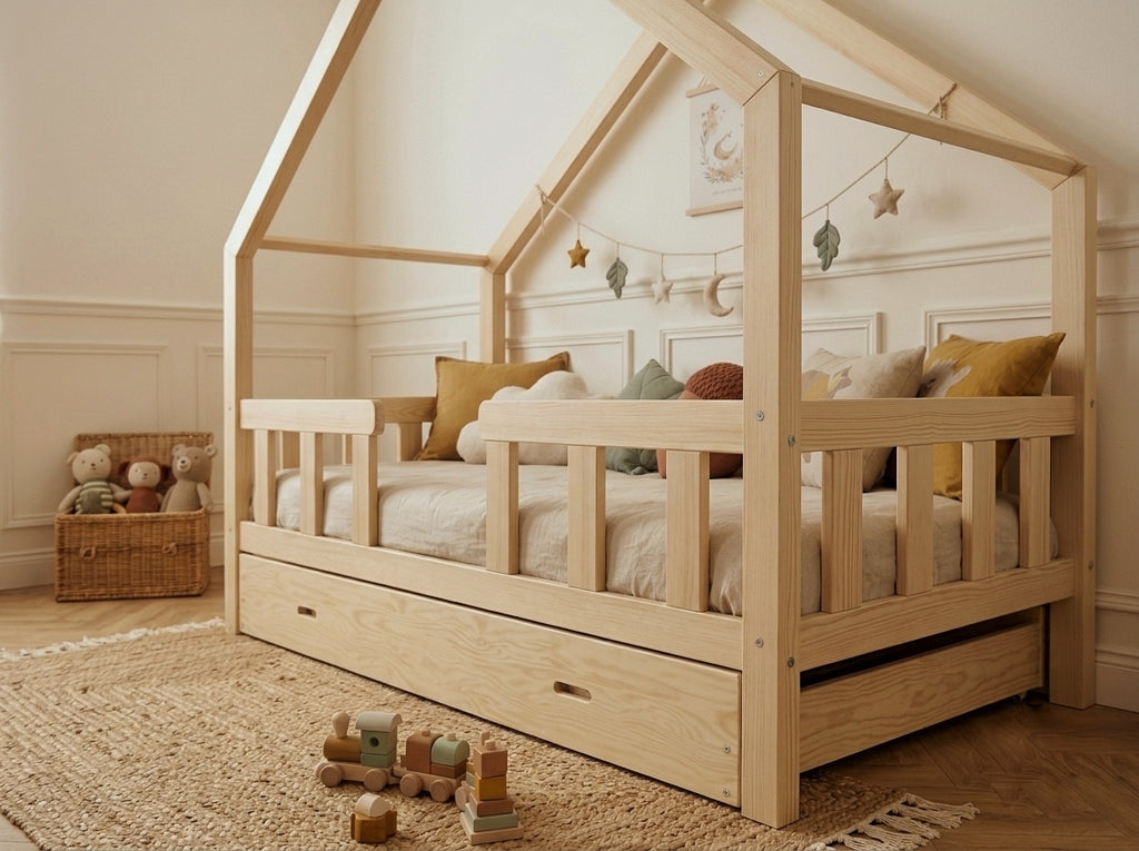 Lit cabane en bois en forme de maison avec tiroir 80x160 – Lit Lucioles