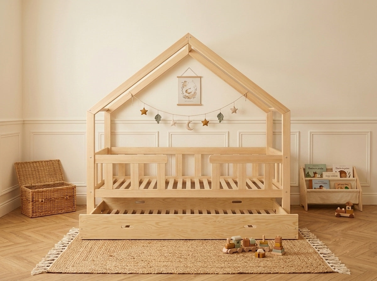 Lit cabane en bois en forme de maison avec tiroir 90x190 – Lit Câlin