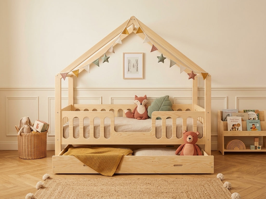 Lit cabane enfant en bois en forme de maison 80x160 cm – Lit Cocon