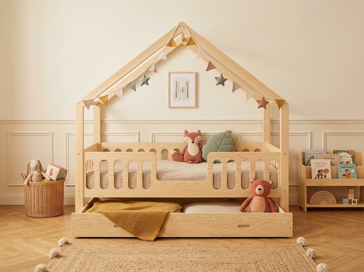 Lit cabane en bois en forme de maison avec tiroir 90x190 – Lit Farandole