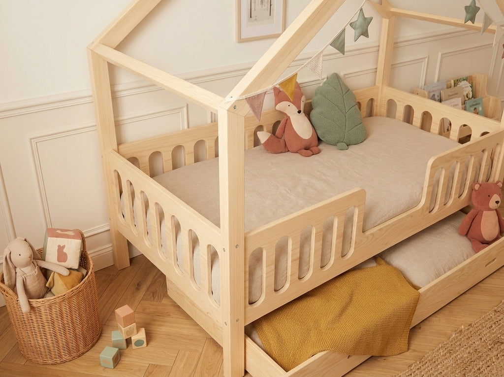 Lit cabane enfant en bois en forme de maison 80x160 cm – Lit Cocon