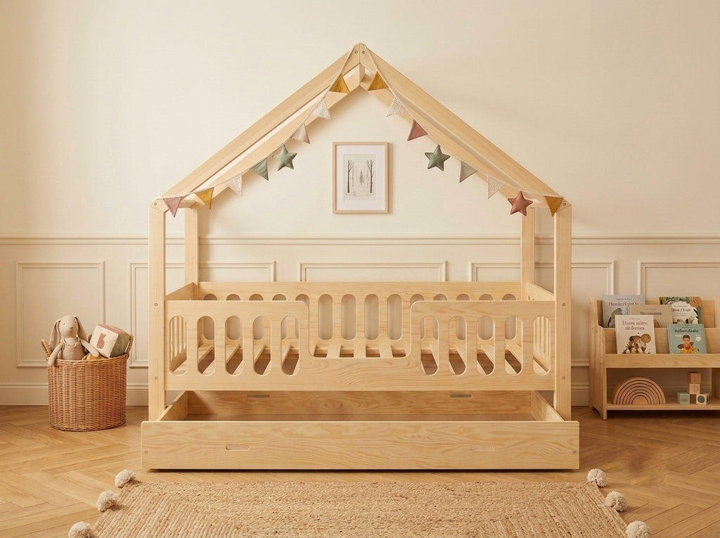 Lit cabane enfant en bois en forme de maison 80x160 cm – Lit Cocon