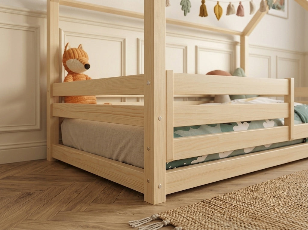 Lit cabane enfant en bois ras du sol forme maison 80x160 cm – Lit Nuage