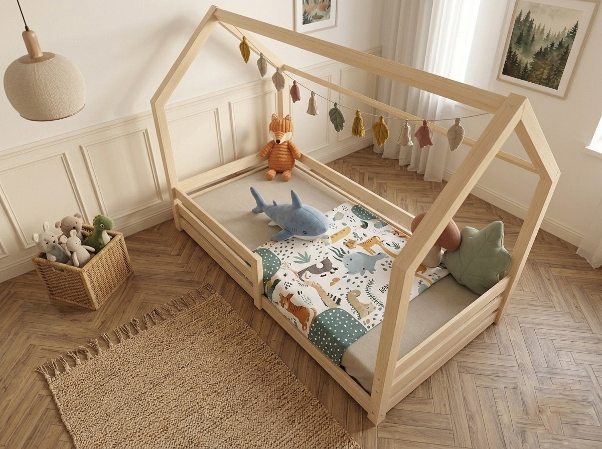 Lit cabane enfant en bois ras du sol forme maison 80x160 cm – Lit Nuage