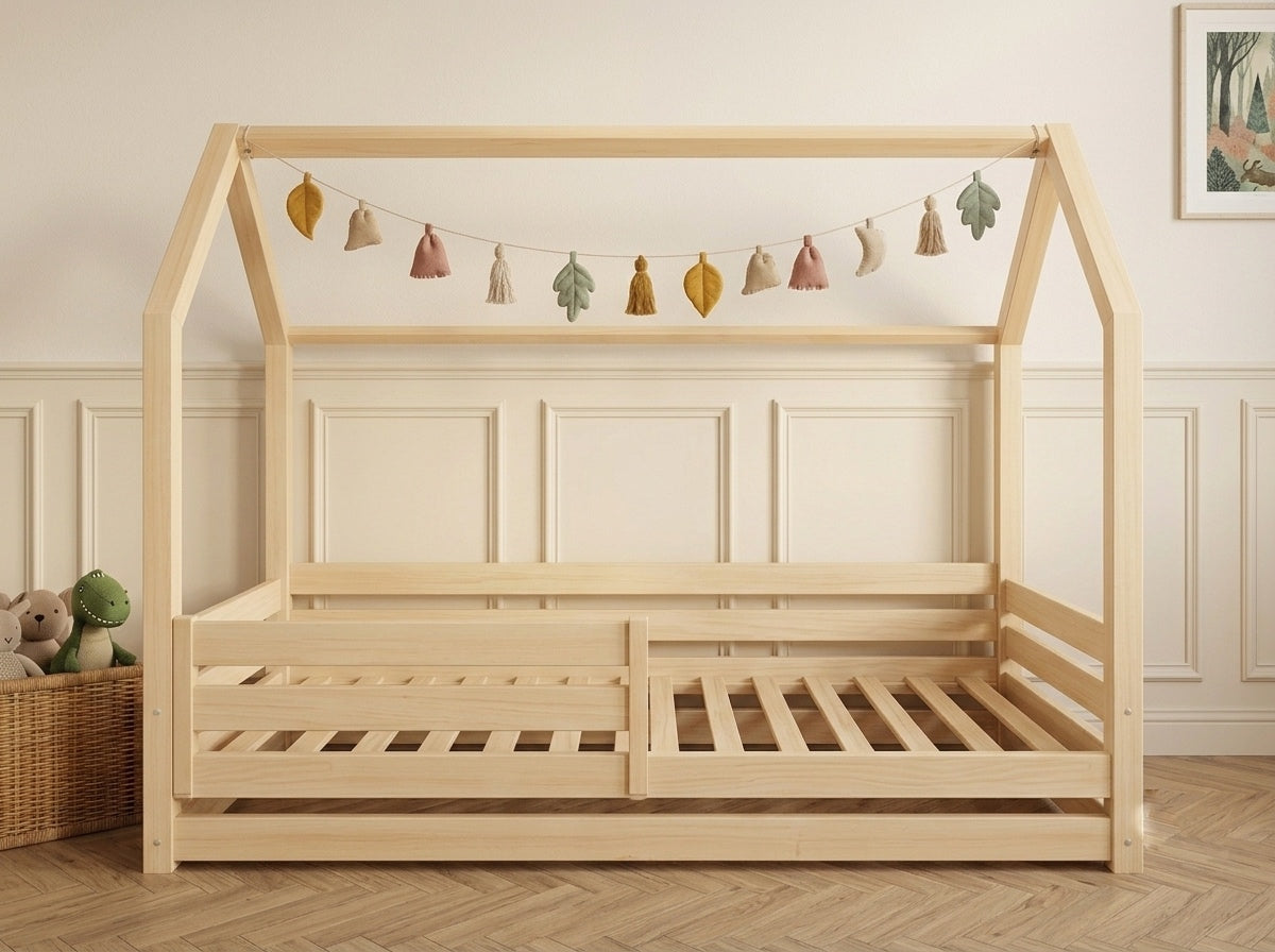 Lit cabane enfant en bois ras du sol forme maison 80x160 cm – Lit Nuage
