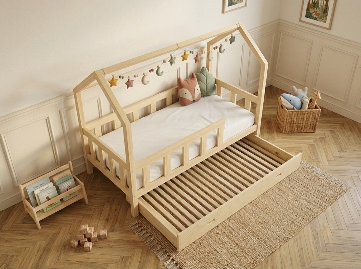 Lit cabane en bois en forme de maison avec tiroir 80x160 – Lit Câlin