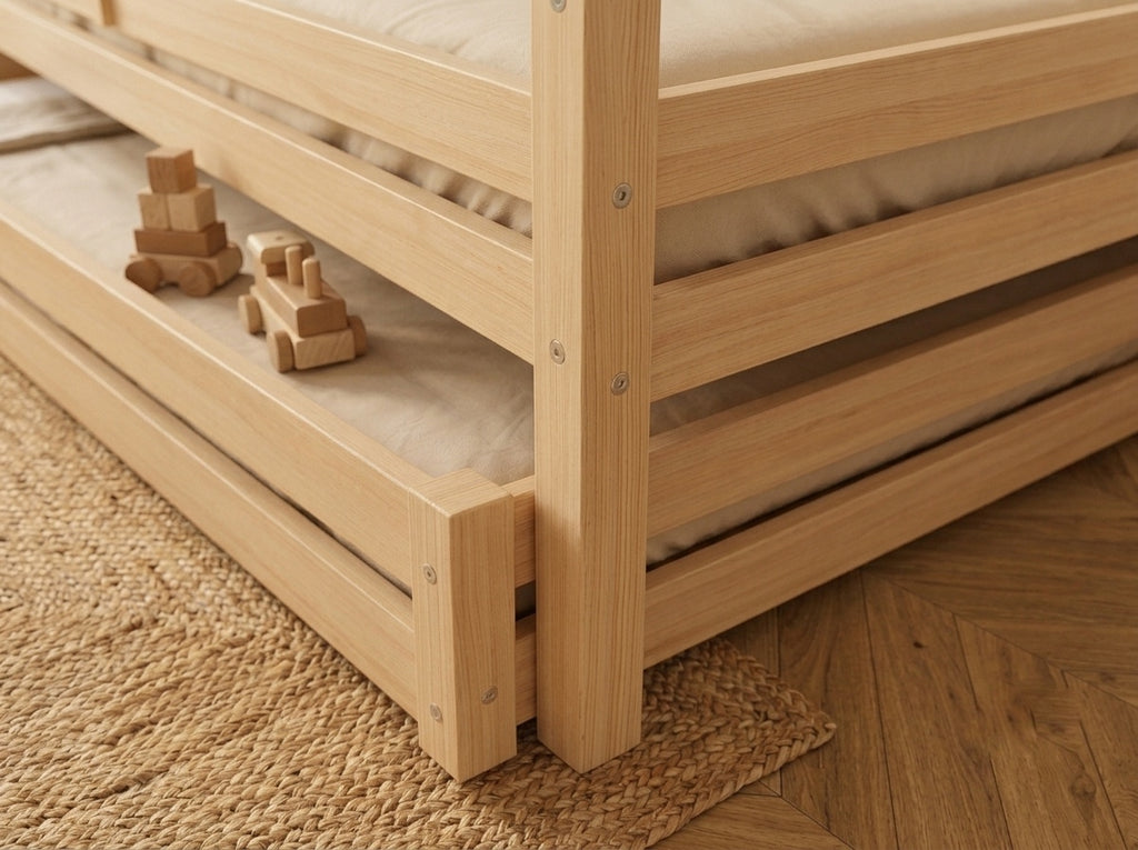 Lit cabane double en bois avec toit façon cabane et barrières de protection 120X200 – Lit Cocon